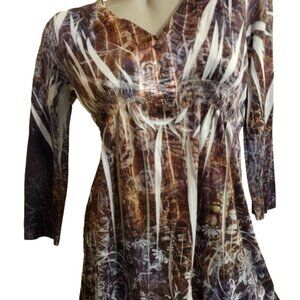 NEW! NWOT VERY CUTE WOMEN UNITY WORLD WEAR BROWN/IVORY 3/4 SLEEVES TOP SZ PS
